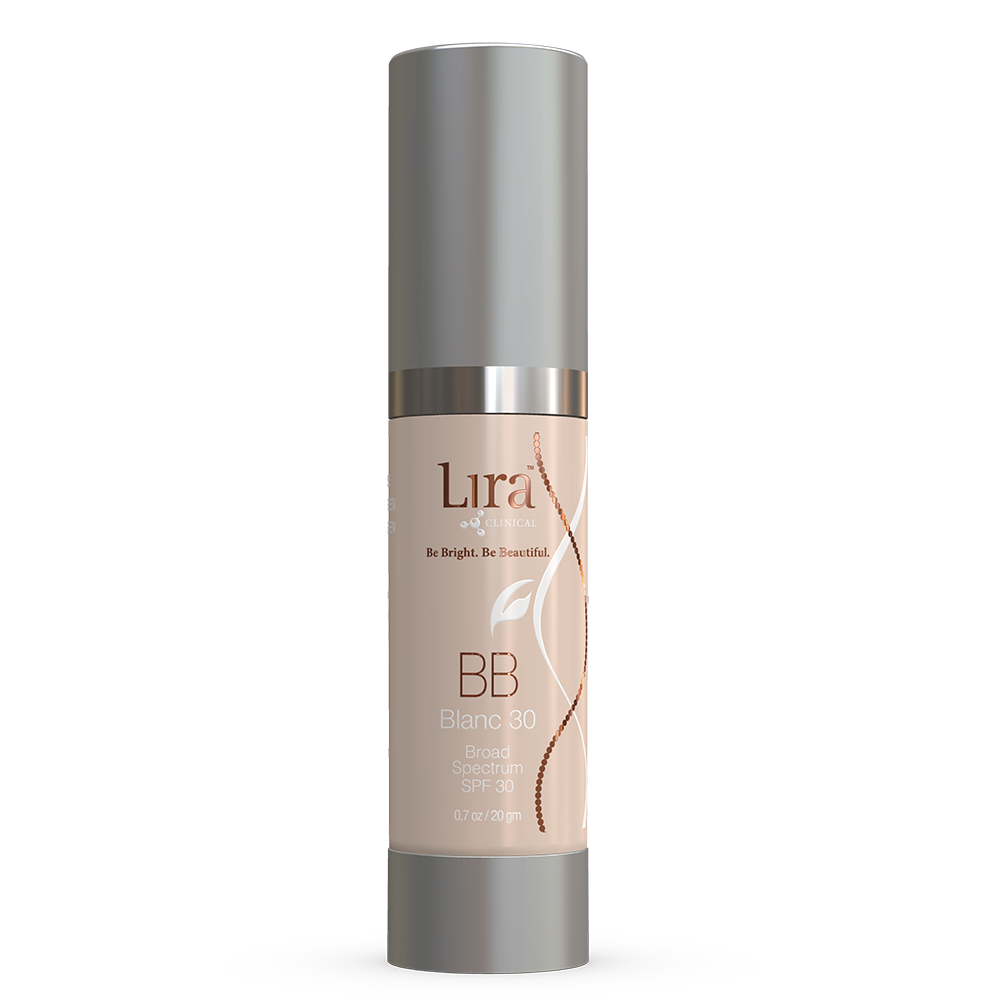 Clear tube with matte silver lid and bottom gold writing BB Tint 30