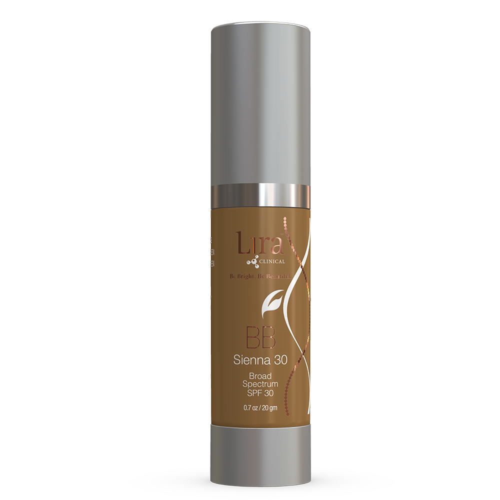 Clear tube with matte silver lid and bottom gold writing BB Tint 30