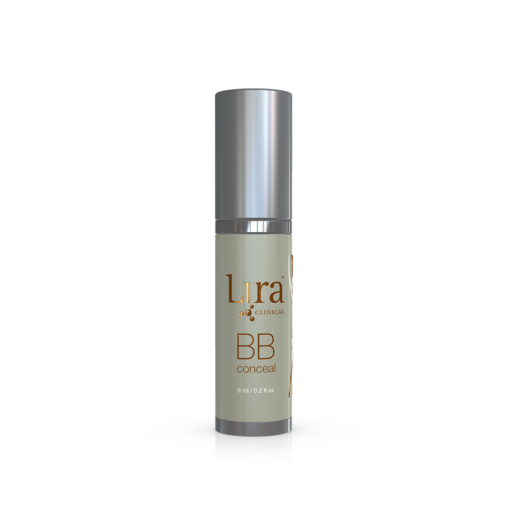 Clear tube with matte silver lid and bottom gold writing BB conceal