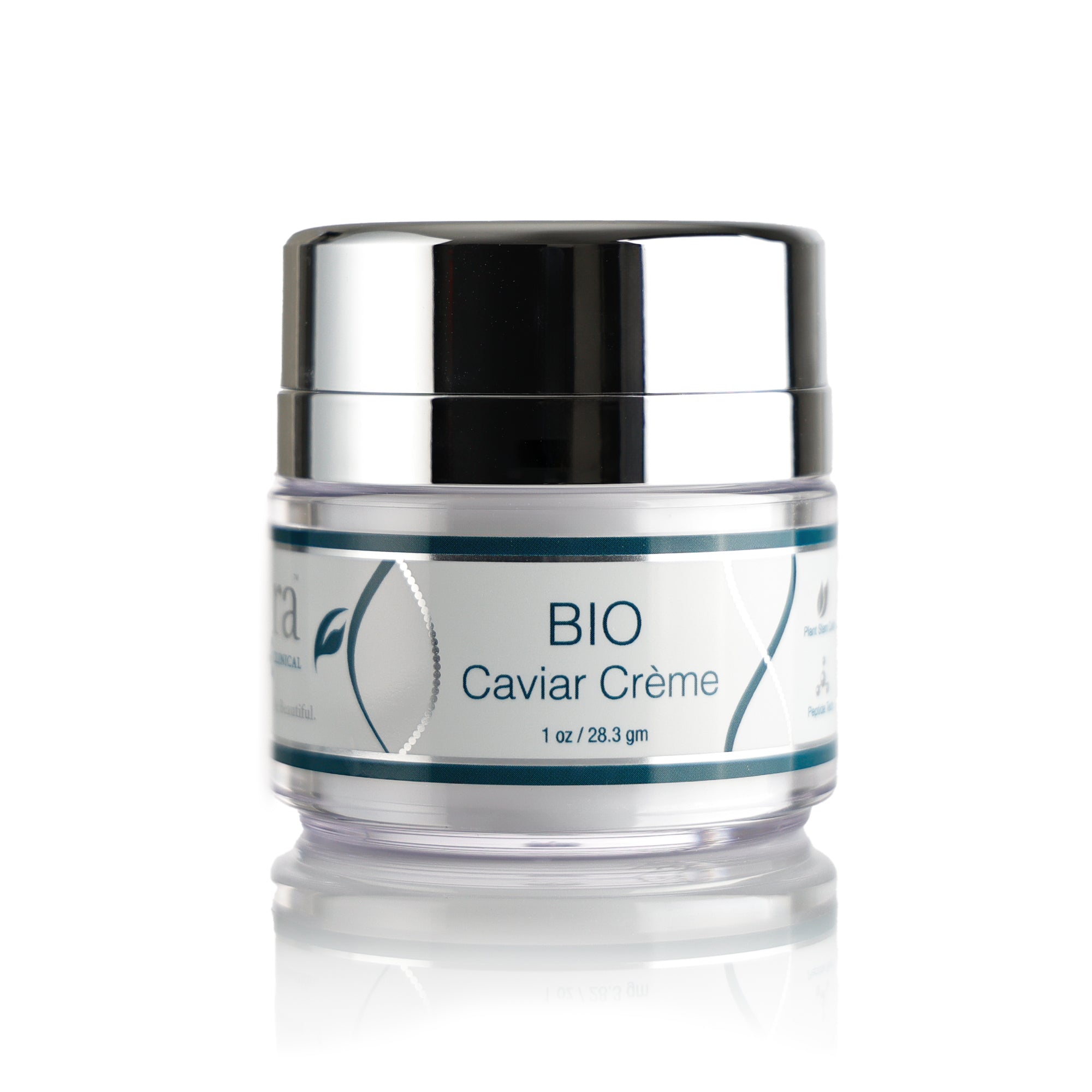 1 oz Clear jar and silver lid with silver and blue and silver DNA BIO Caviar Creme