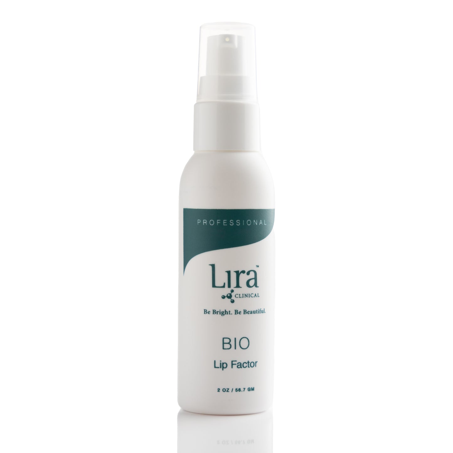 2 fl oz white bottle with white pump lid and  blue writing Pro BIO Lip Factor