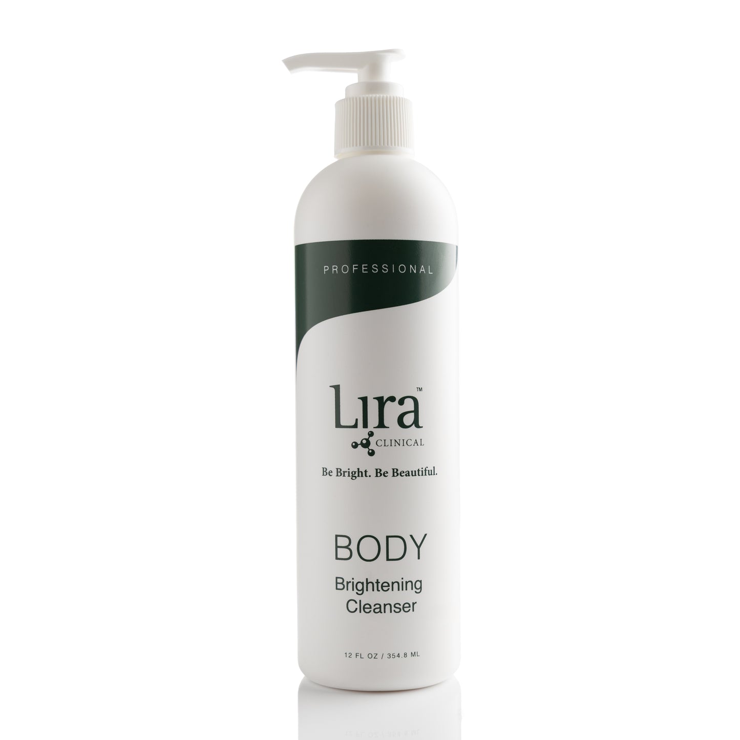 12 fl oz white bottle with white pump lid and green writing Pro BODY Brightening Cleanser