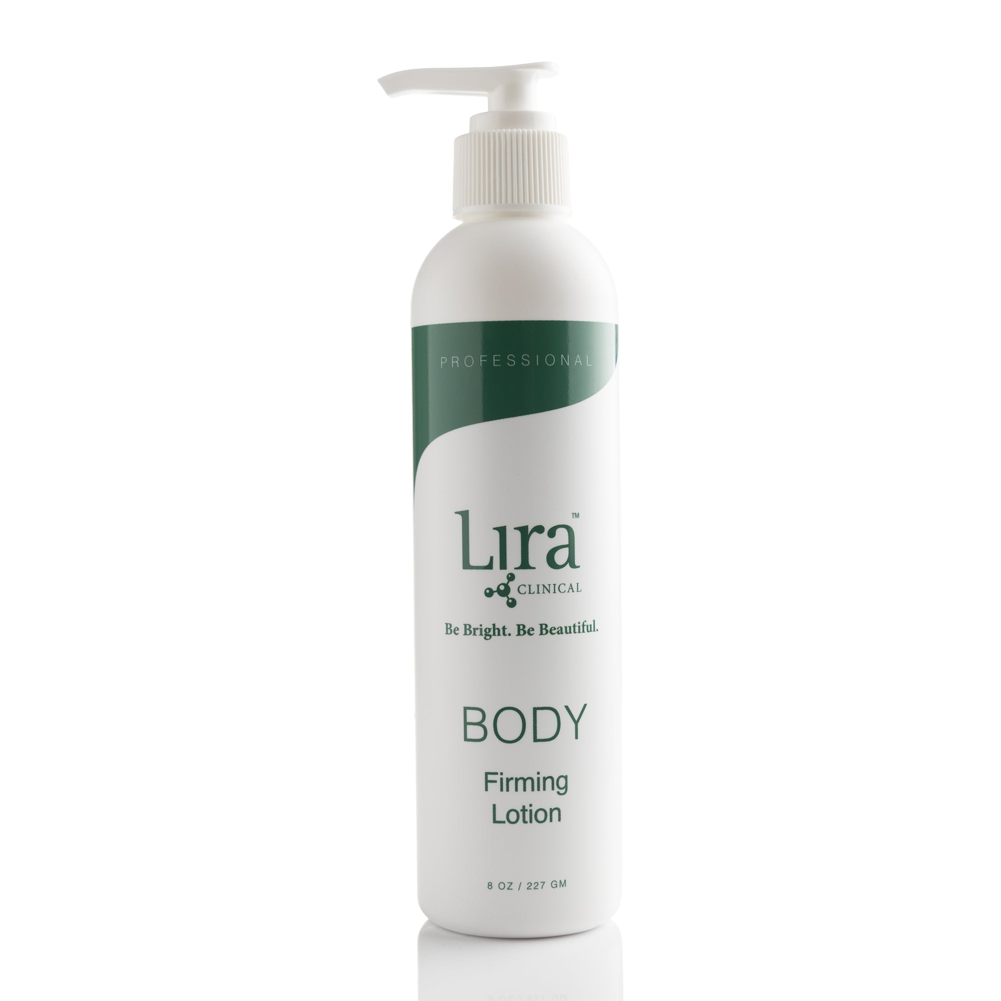 8 oz white bottle with white pump lid and green writing BODY Firming Lotion