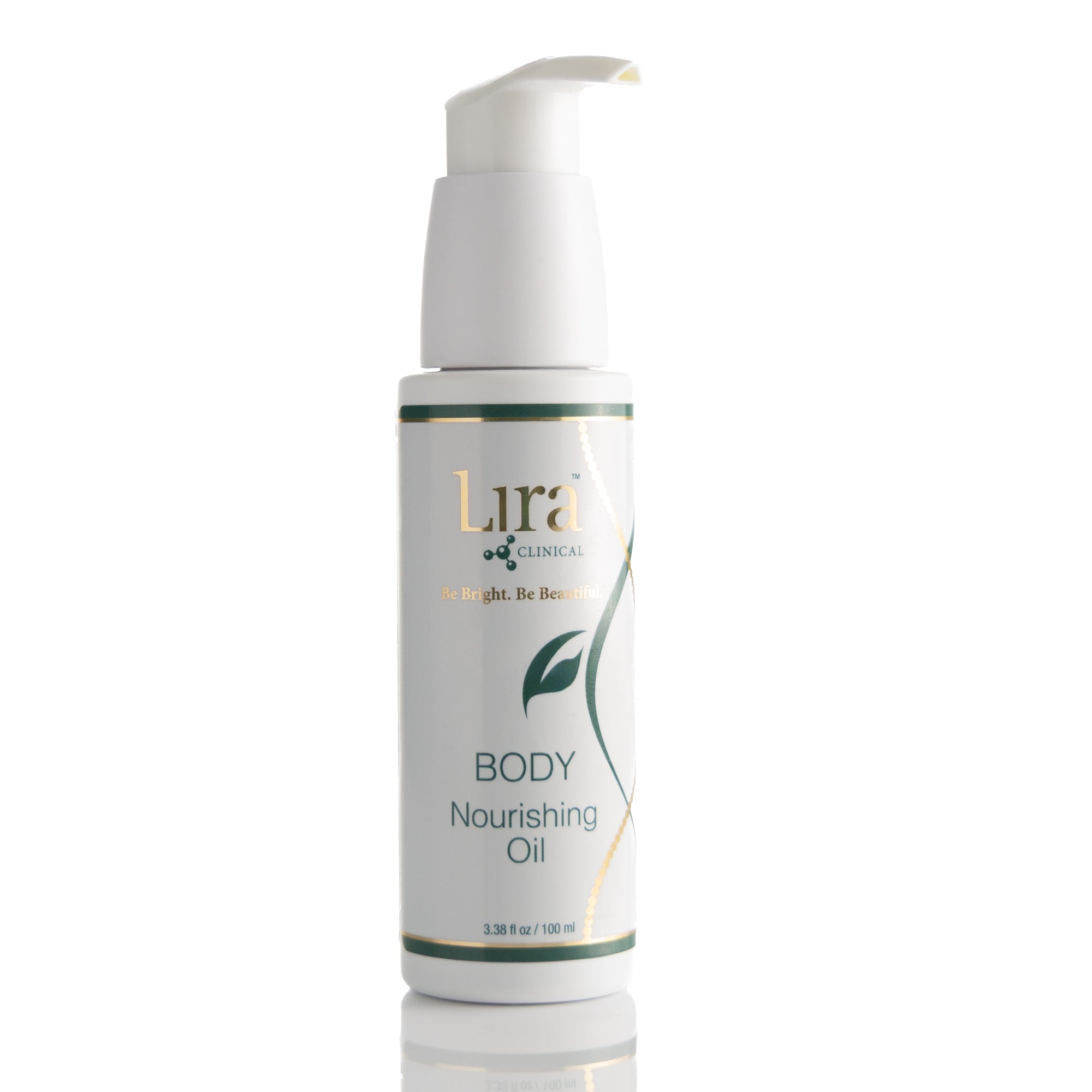 3.38 fl oz white bottle with white pimp lid gold and green DNA BODY Nourishing Oil