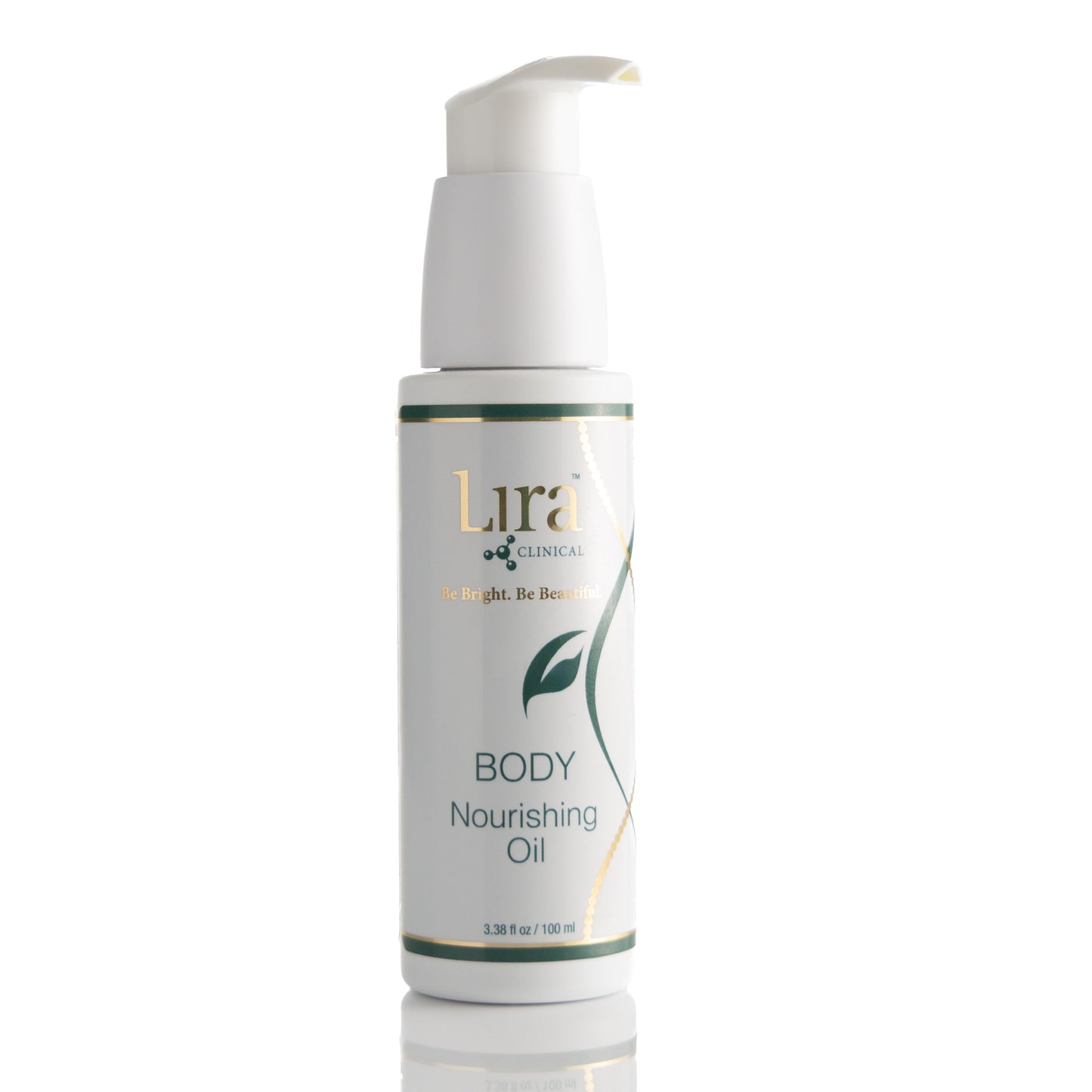 3.38 fl oz white bottle with white pimp lid gold and green DNA BODY Nourishing Oil
