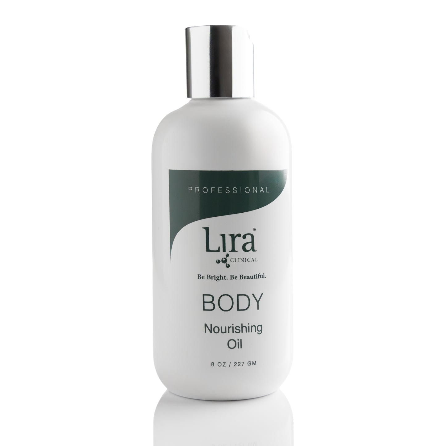 8 oz White bottle with silver cap and green writing Pro BODY Nourishing Oil