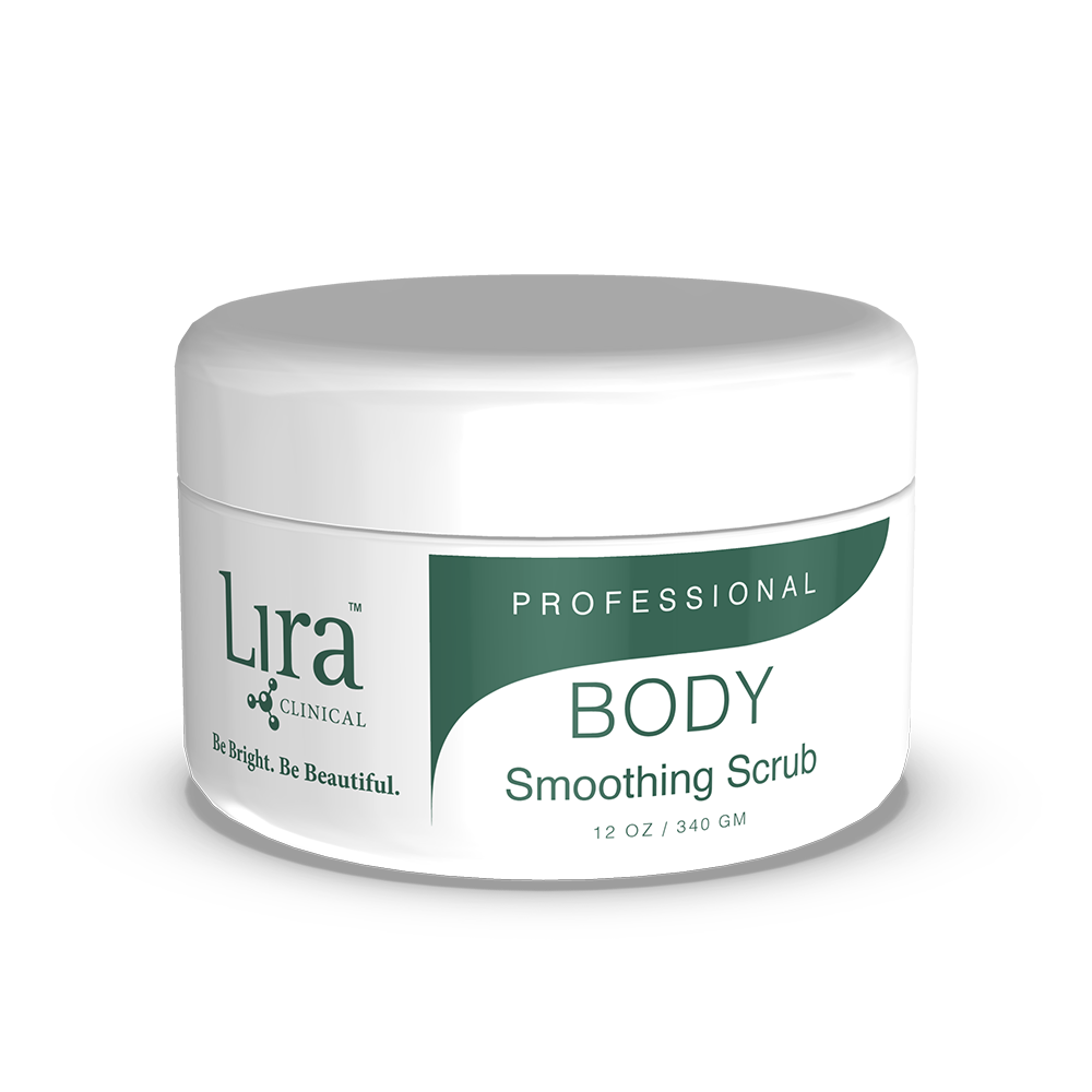 White jar with white lid and green details BODY Smoothing Scrub