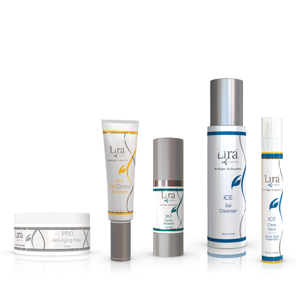 Group photo of 5 products ICE Sal Cleanser, clean stick BIO Hydra Infusion SPF ElioDrops PRO Anti-age Pads