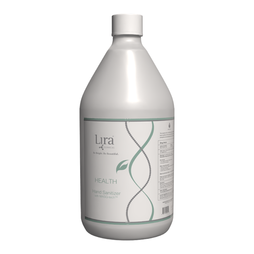 One gallon white bottle with white lid and green and silver details HEALTH Hand Sanitizer