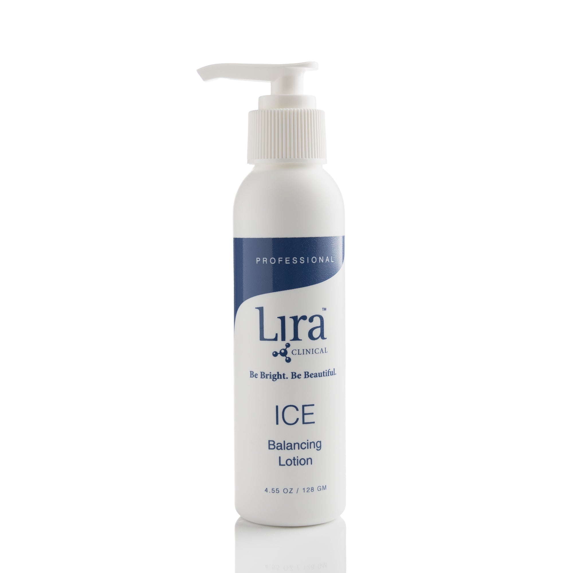4.55 fl oz white bottle with white pump lid and dar blue writing ICE Balancing Lotion
