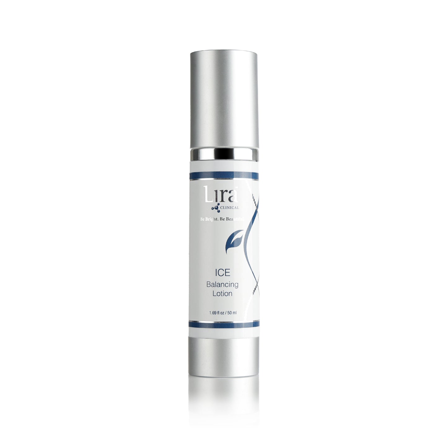 1.69 fl oz bottle with matte silver lid and bottom silver and blue DNA ICE Balancing Lotion