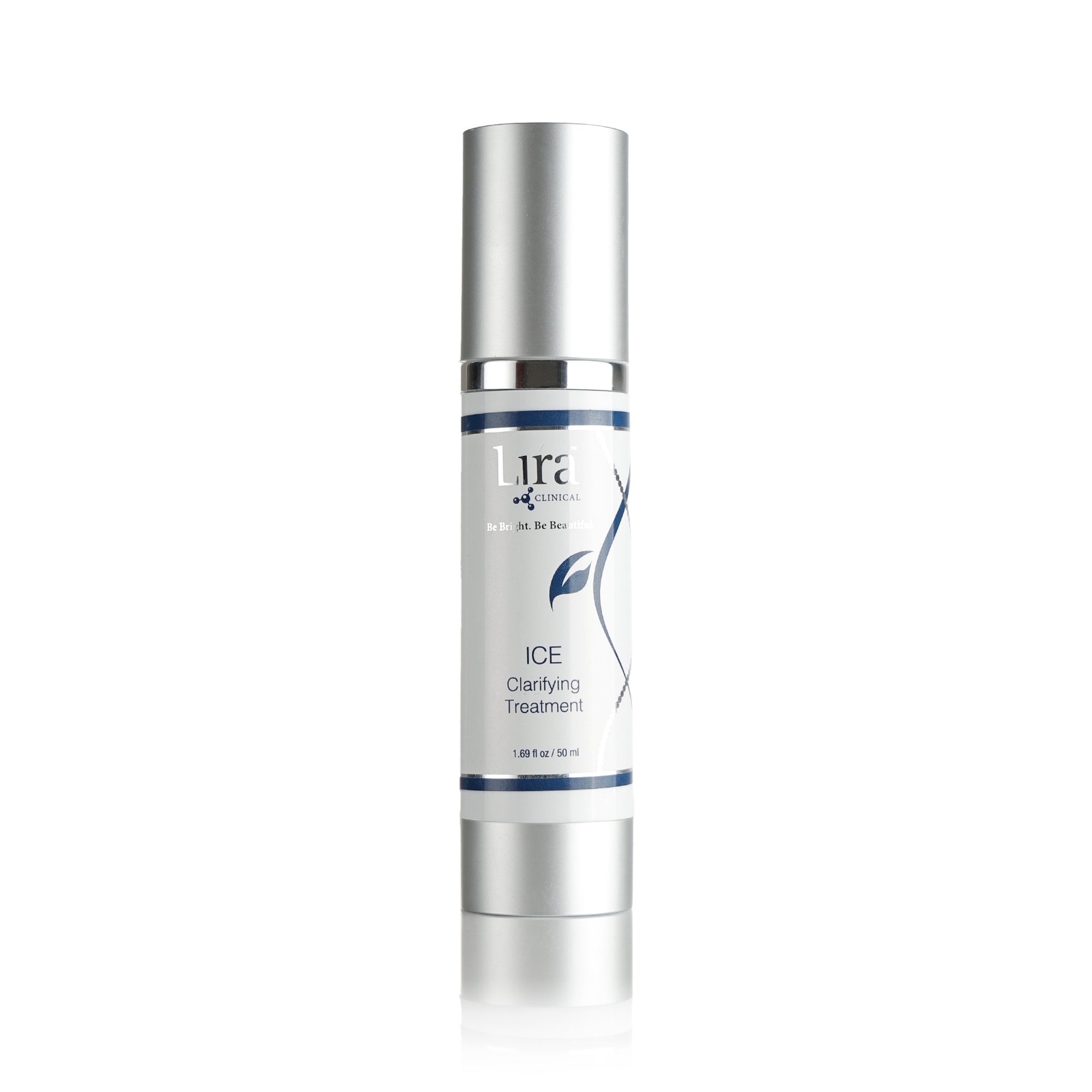 1.69 fl oz bottle with matte silver lid and bottom silver and blue DNA ICE Clarifying Treatment
