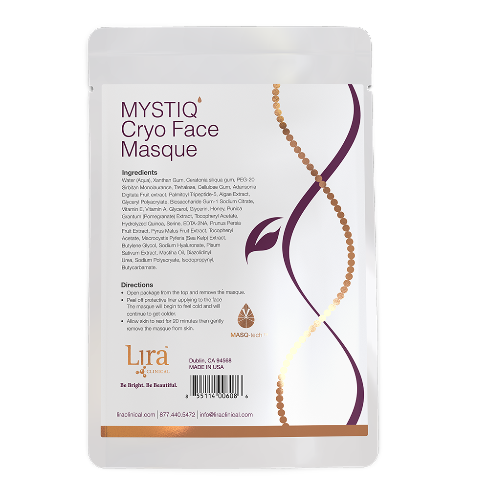 White packet with red and gold DNA red writing Mystiq Cryo Face Masque