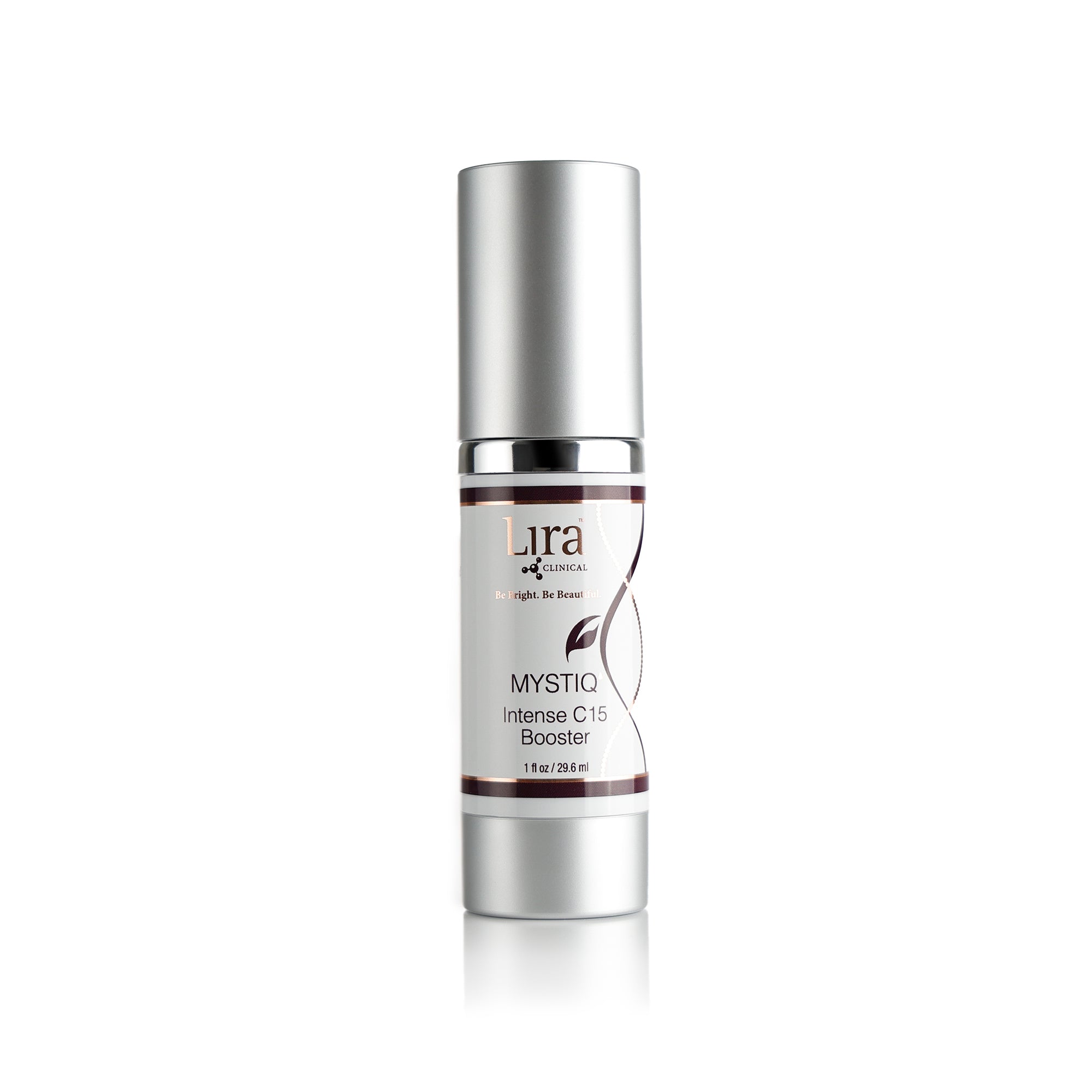 1 fl oz bottle with matte silver lid and bottom silver and red DNA MYSTIQ Intense C15 Booster