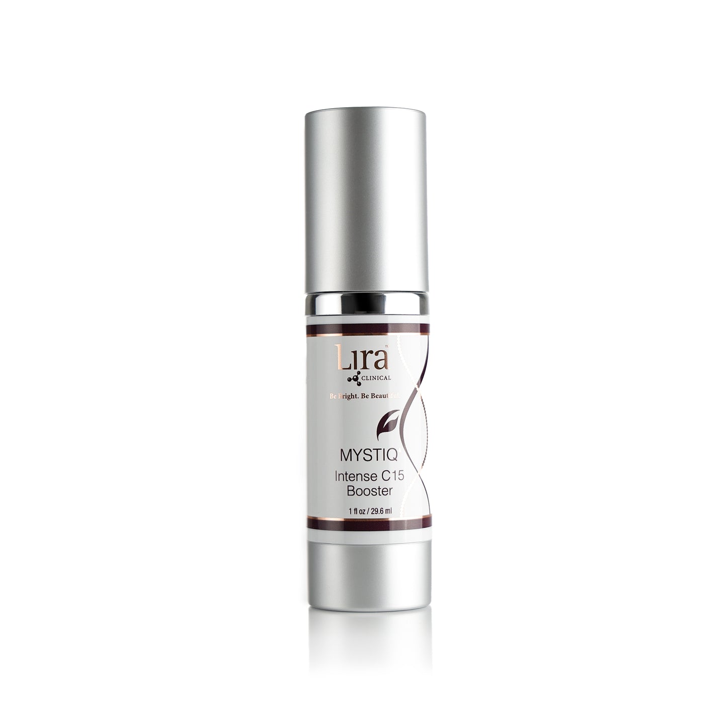 1 fl oz bottle with matte silver lid and bottom silver and red DNA MYSTIQ Intense C15 Booster