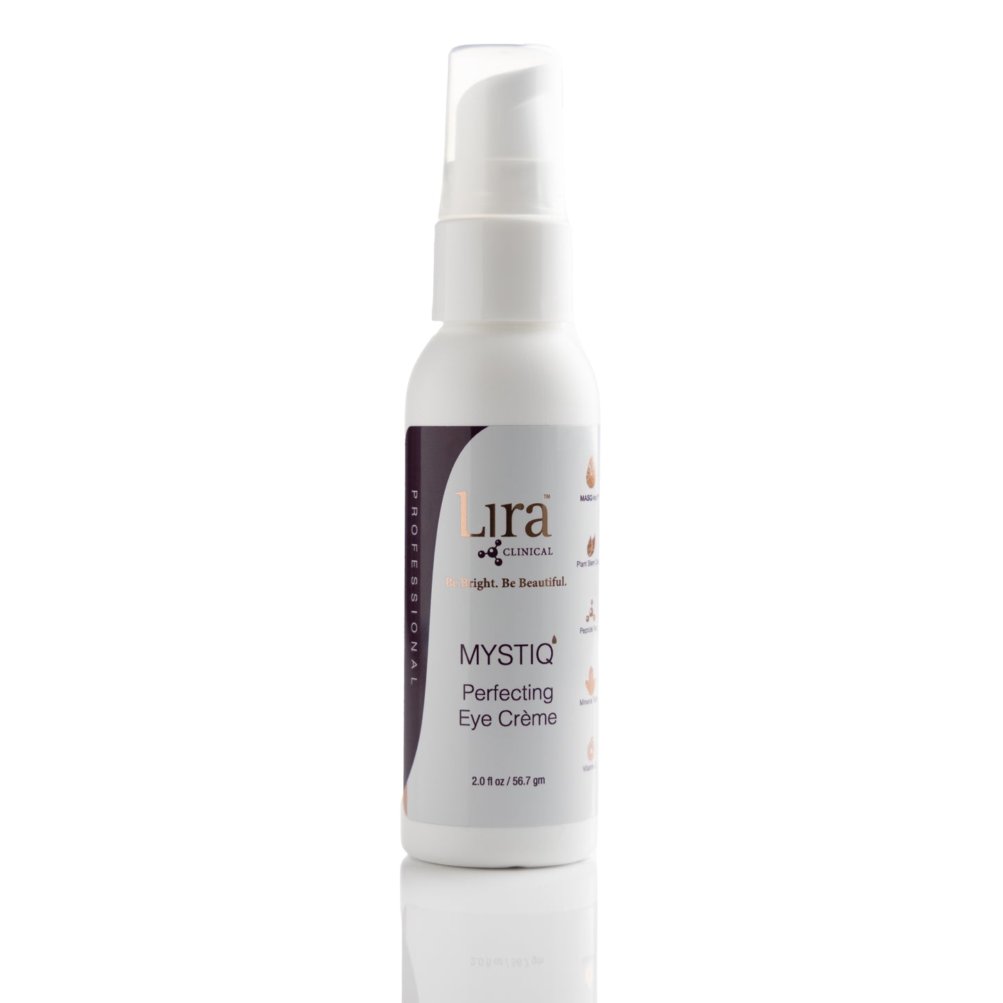2 oz white spray bottle with bronze lettering MYSTIQ Perfecting Eye Creme