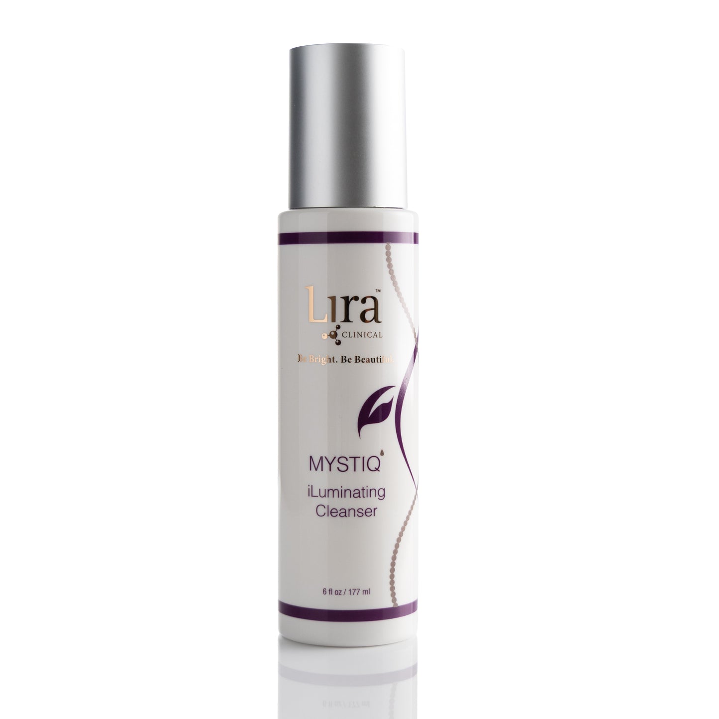 6 fl oz white bottle with silver lid writing and purple DNA MYSTIQ iLuminating Cleanser