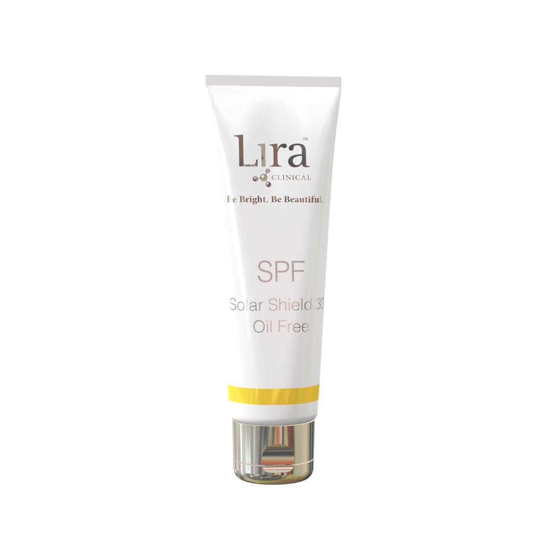 White tube with matte silver lid grey and yellow details SPF Solar Shield 30 Oil Free