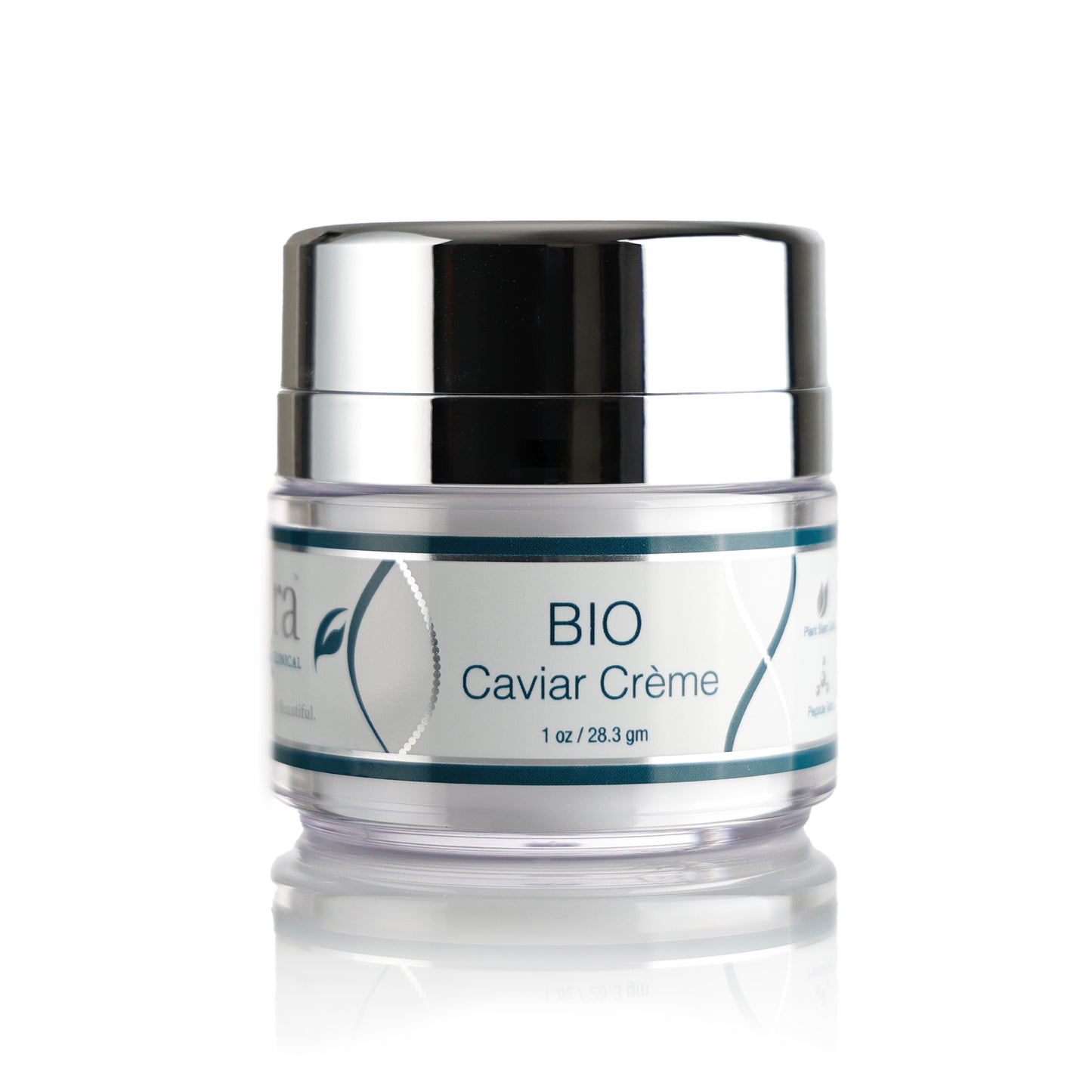1 oz Clear jar and silver lid with silver and blue and silver DNA BIO Caviar Creme