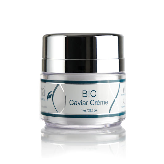 1 oz Clear jar and silver lid with silver and blue and silver DNA BIO Caviar Creme