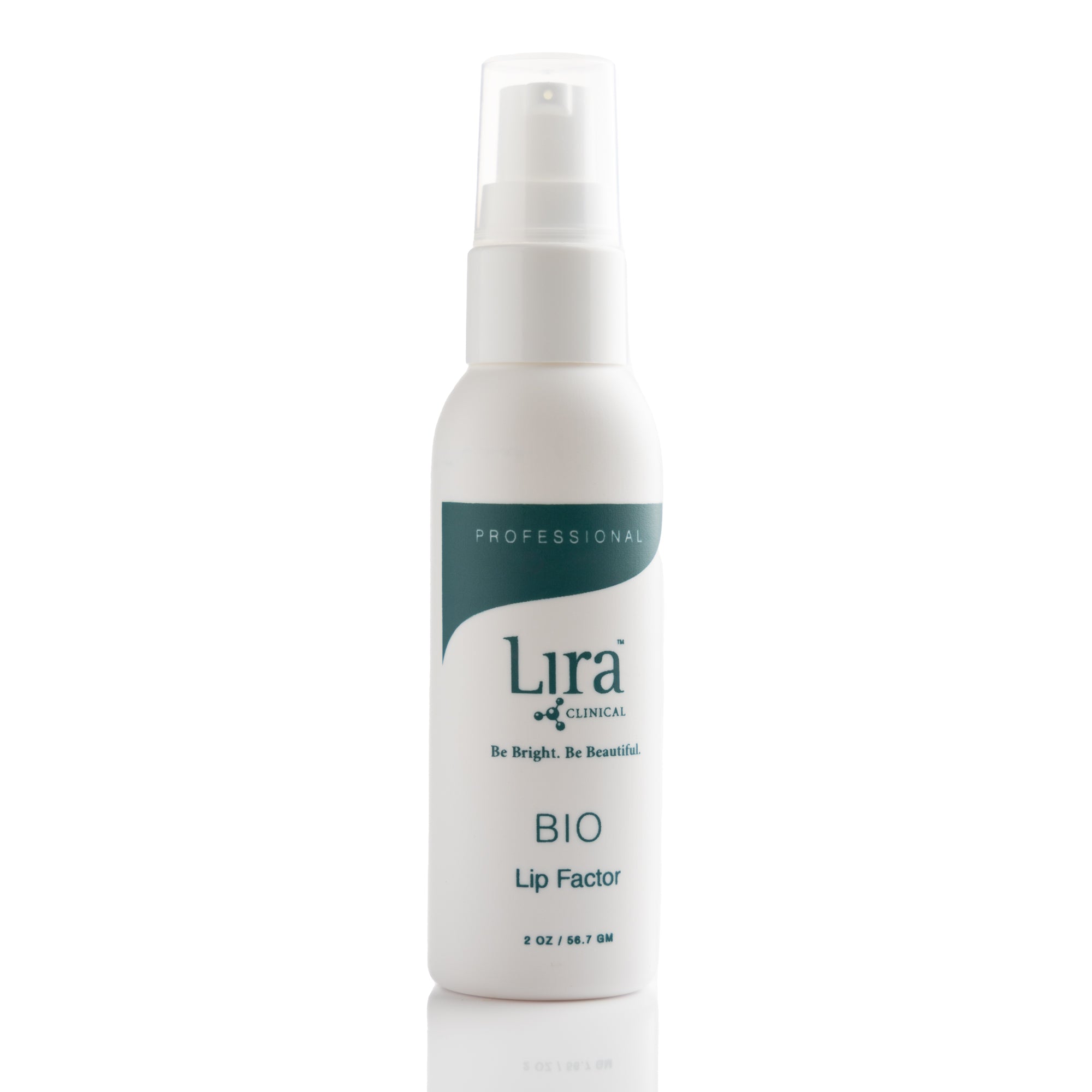 2 fl oz white bottle with white pump lid and  blue writing Pro BIO Lip Factor 
