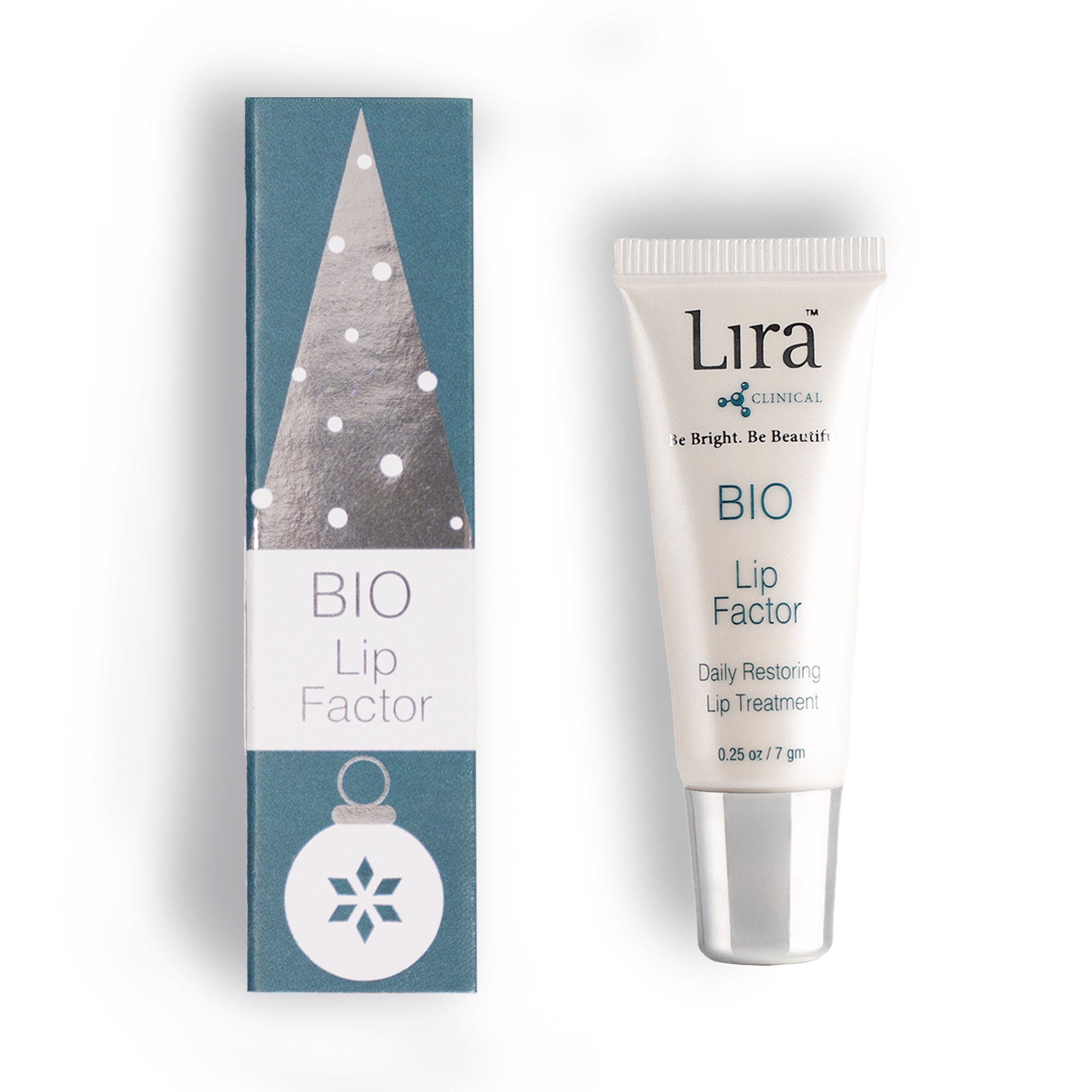 white tube with silver lid and blue writing next to holiday sleeve BIO Lip Factor 