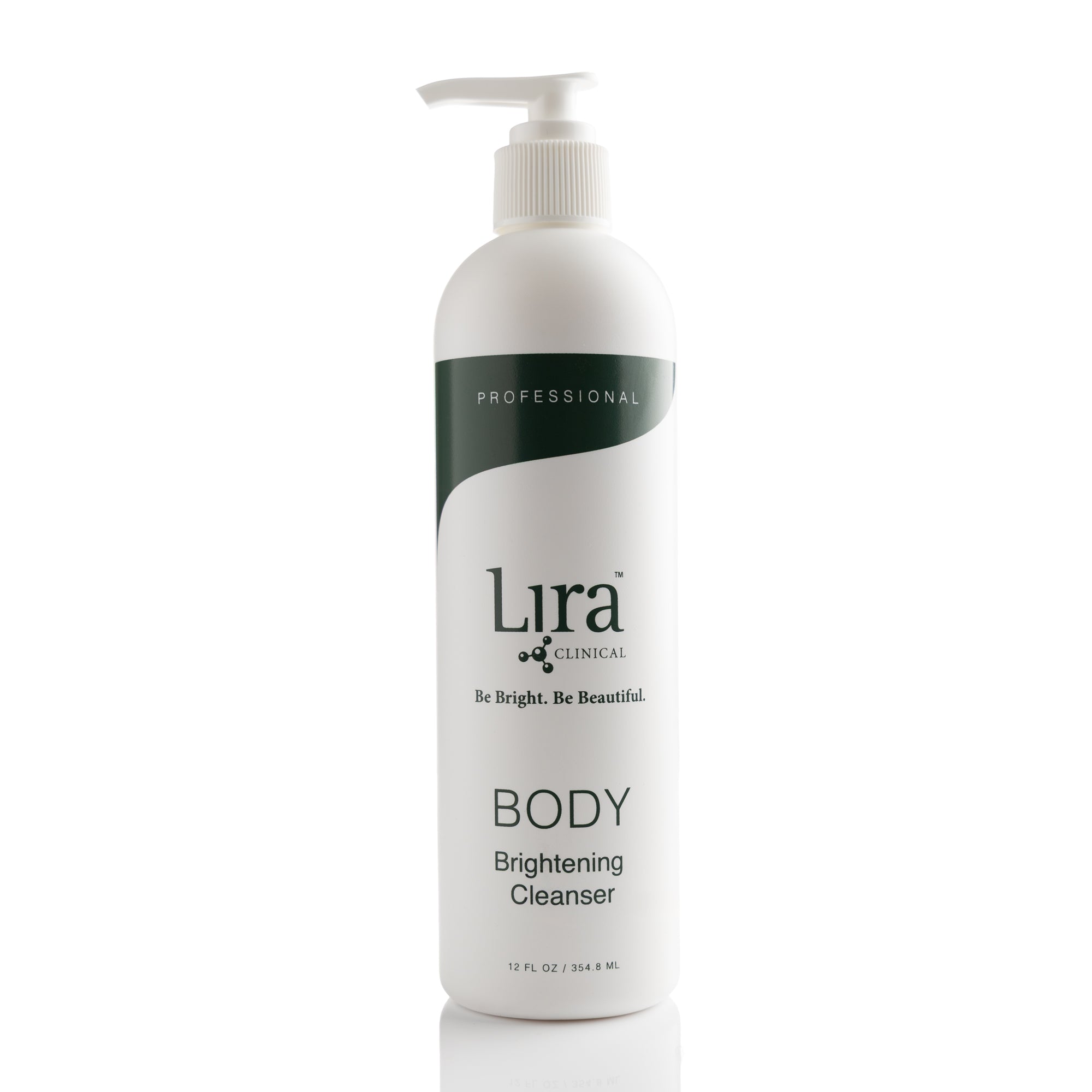 12 fl oz white bottle with white pump lid and green writing Pro BODY Brightening Cleanser 