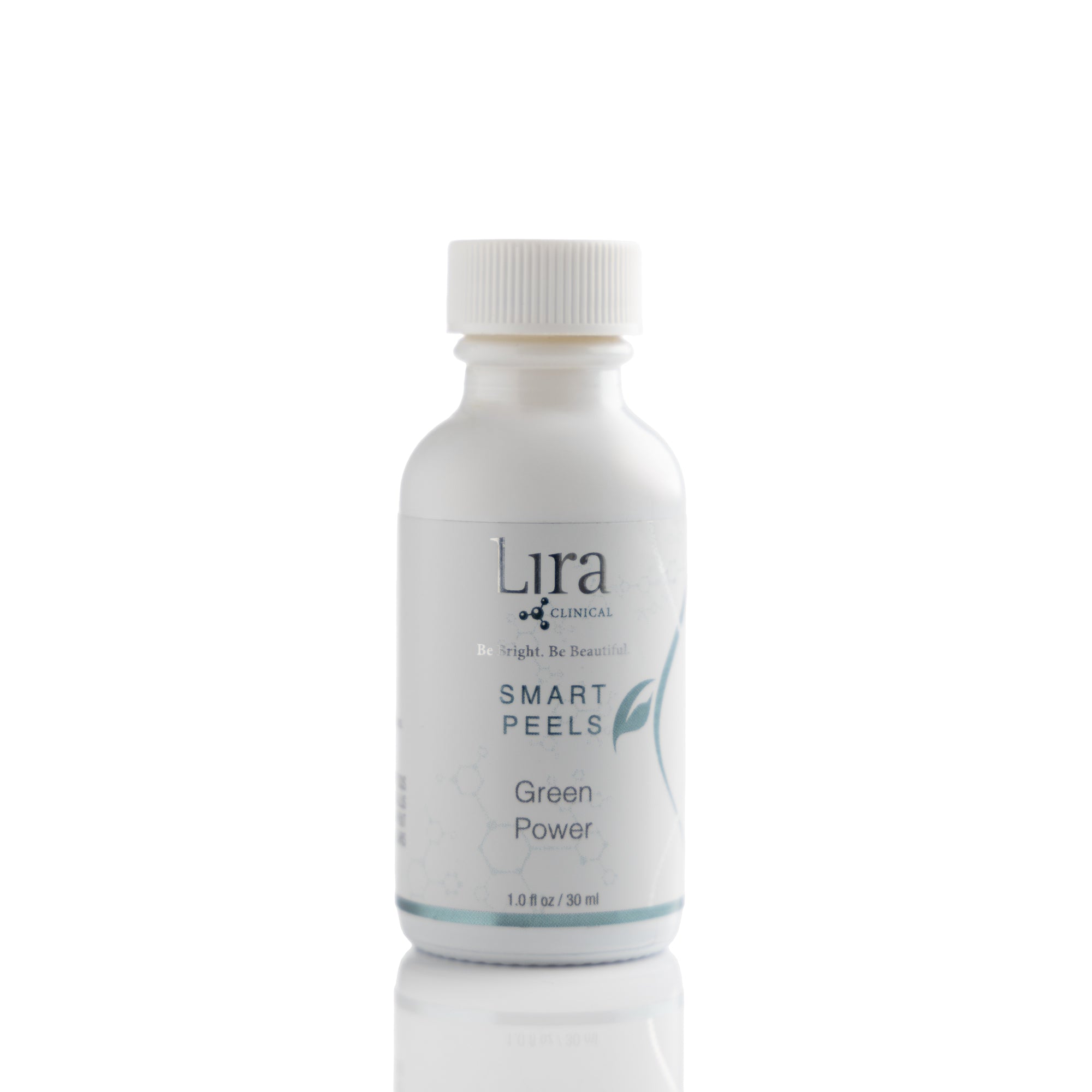1 fl oz white bottle with white lid and light grey and blue DNA Smart Peels Green Power