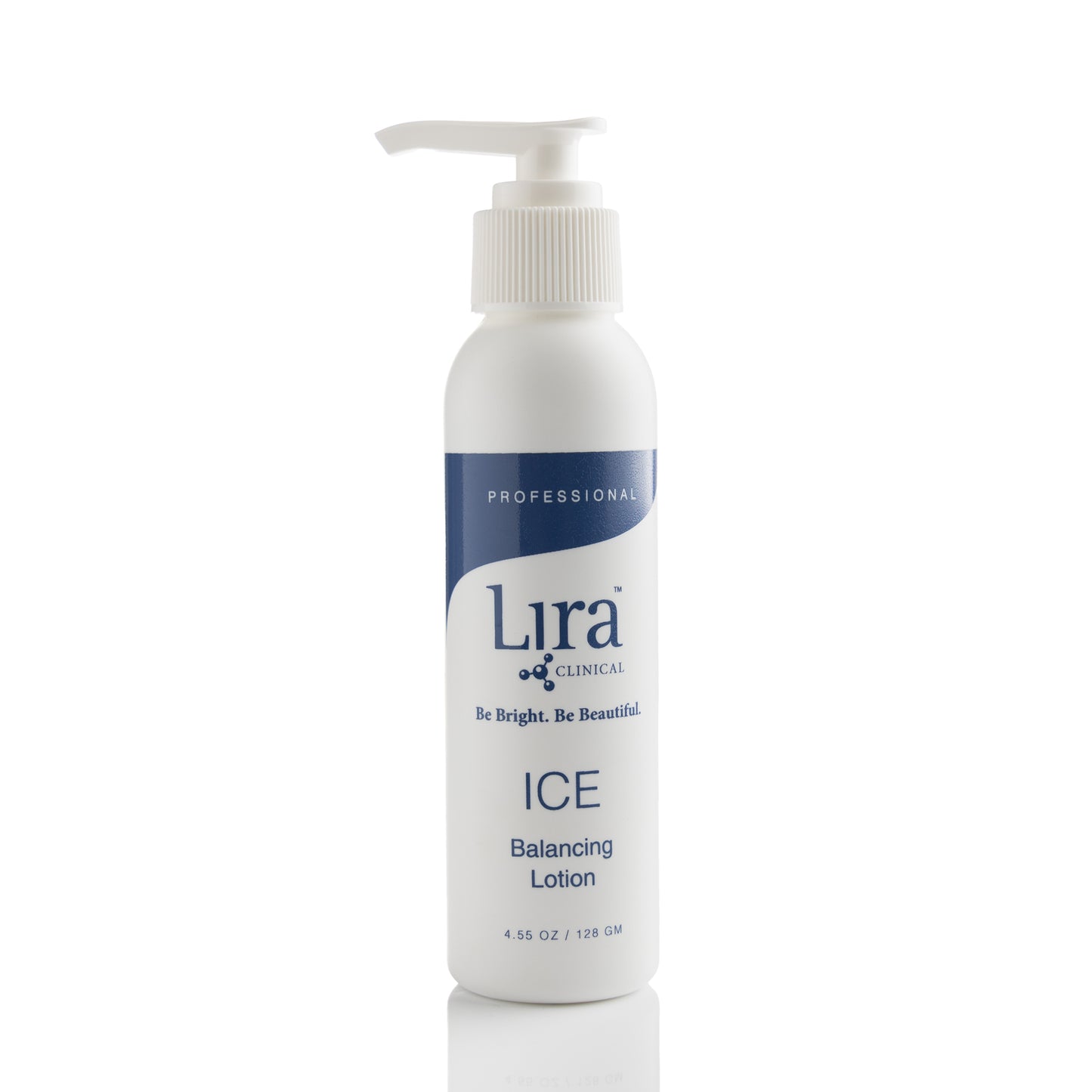 4.55 fl oz white bottle with white pump lid and dar blue writing ICE Balancing Lotion 