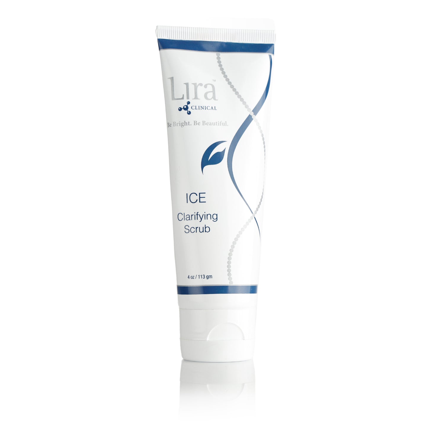 4 oz white bottle with white lid and blue and silver DNA blue writing ICE Clarifying Scrub 