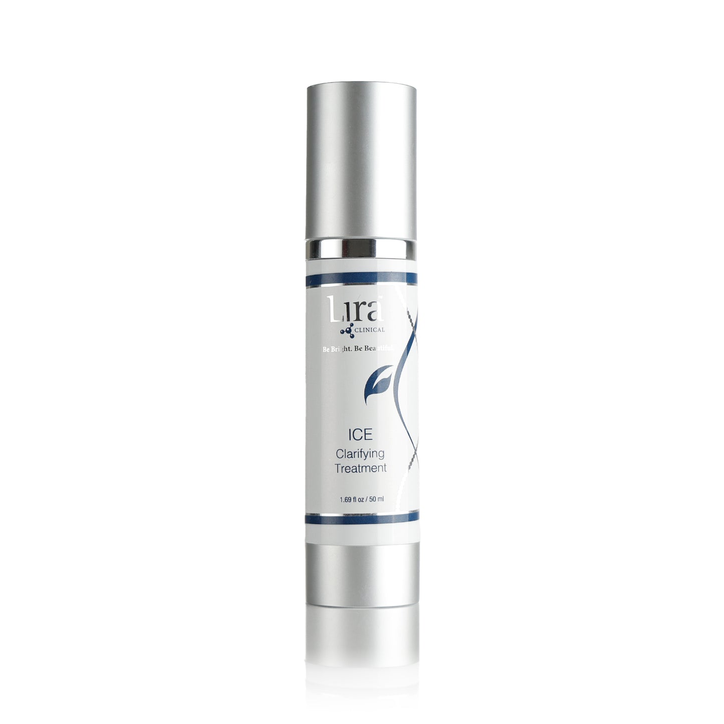1.69 fl oz bottle with matte silver lid and bottom silver and blue DNA ICE Clarifying Treatment 