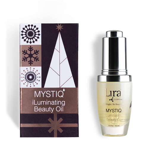 Clear dropper bottle with silver lid with bronze writing next to holiday sleeve 