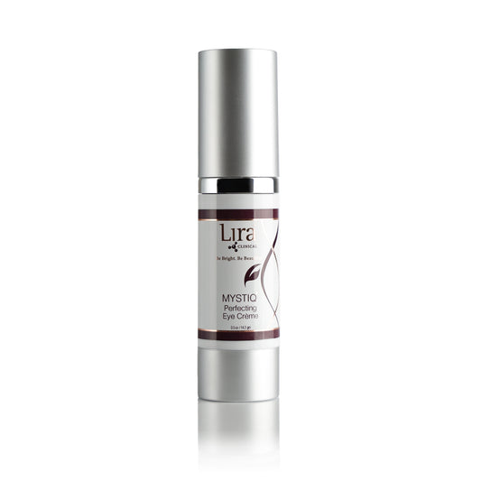 0.5 fl of bottle with matte silver lid and bottom silver and red DNA MYSTIQ Perfecting Eye Creme