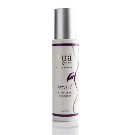 6 fl oz white bottle with silver lid writing and purple DNA MYSTIQ iLuminating Cleanser  