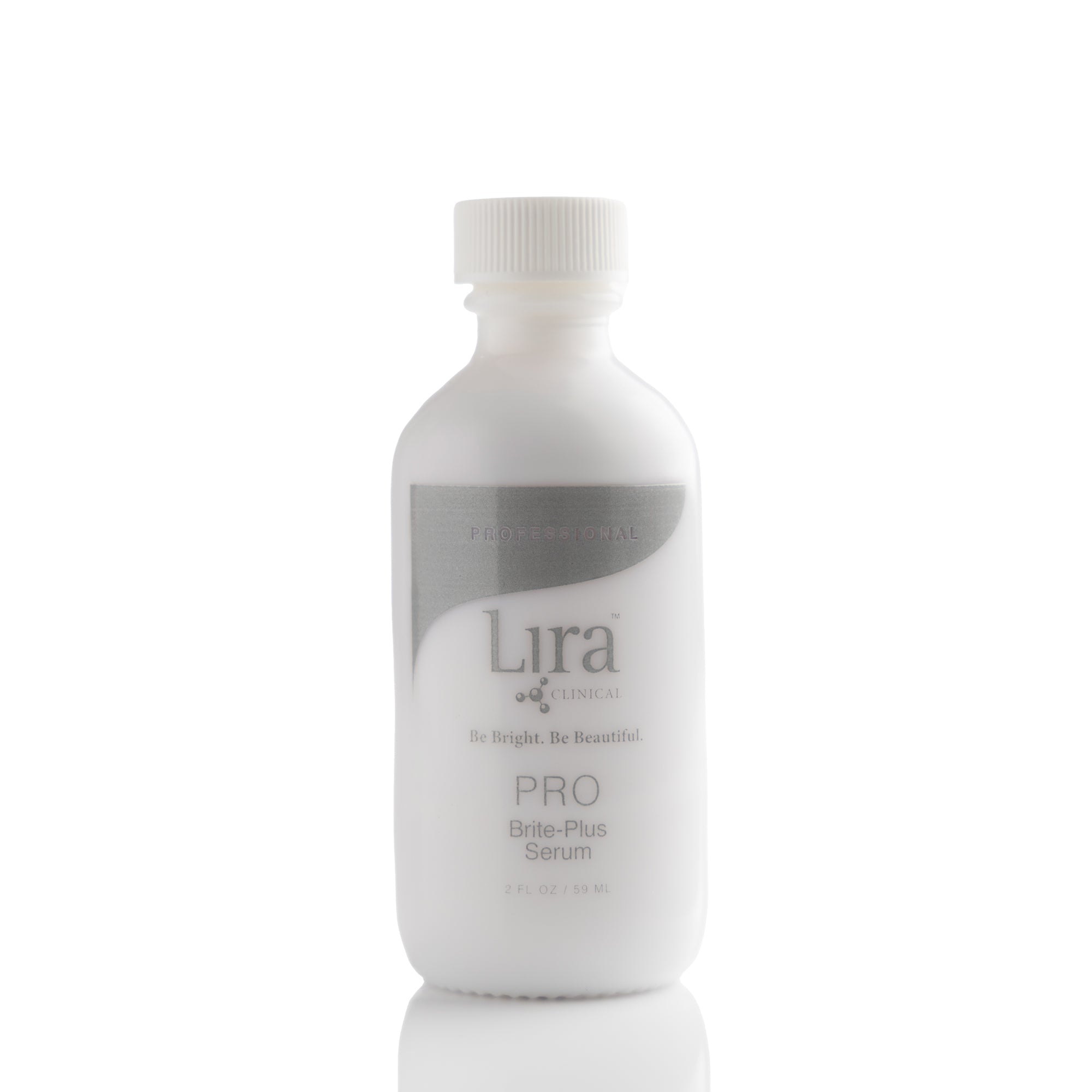 2 fl oz white bottle with white lid and light grey writing PRO Brite-Plus Serum 