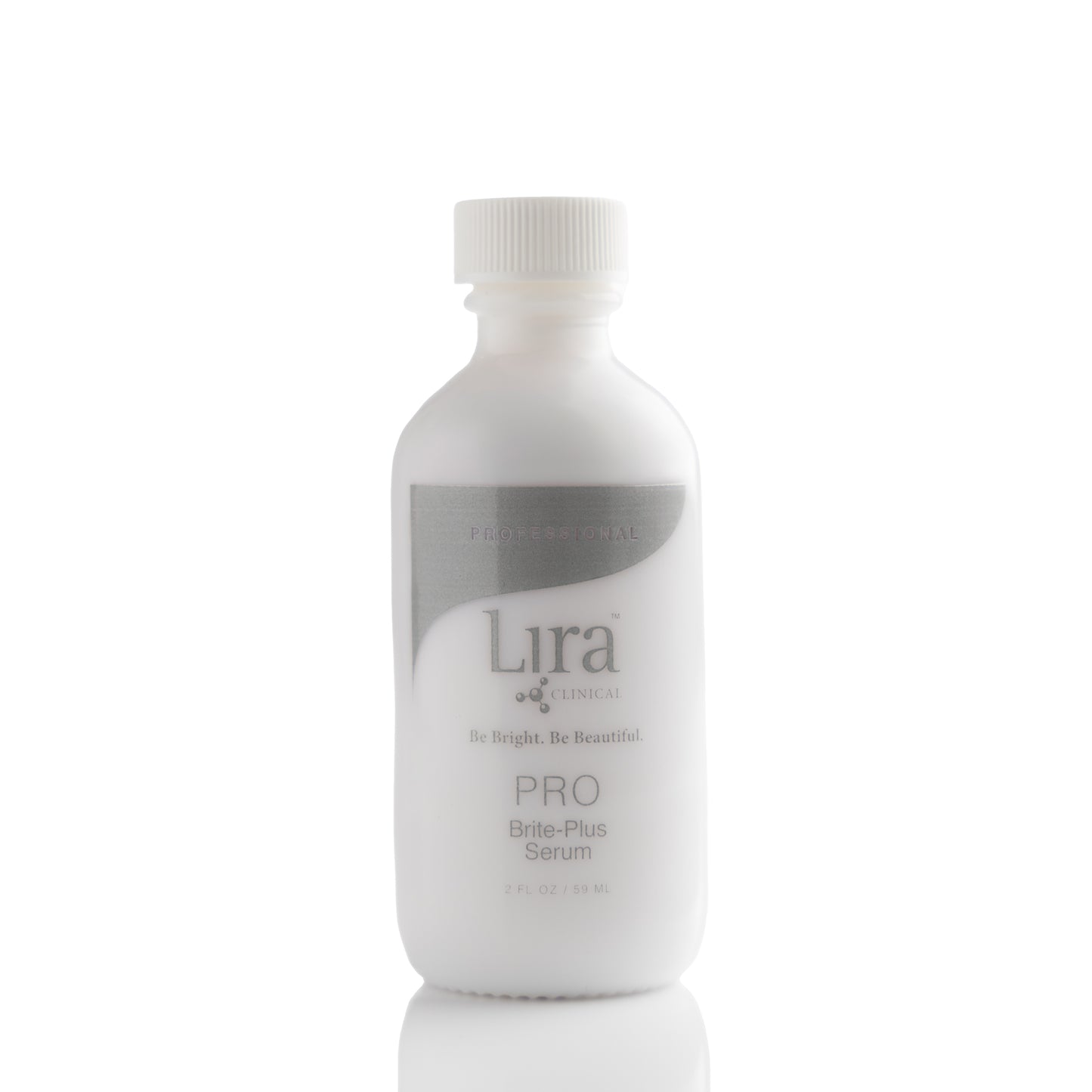 2 fl oz white bottle with white lid and light grey writing PRO Brite-Plus Serum 