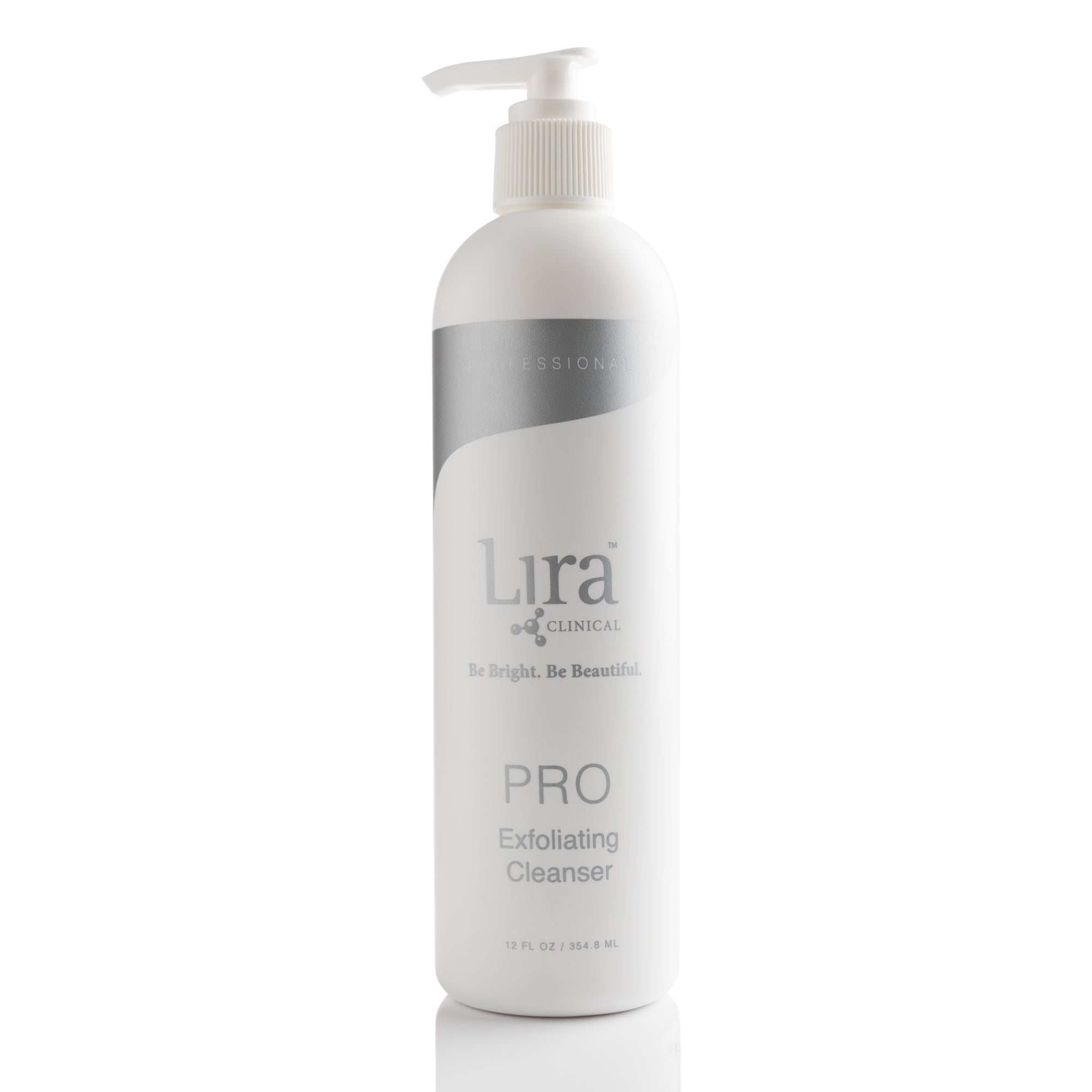 12 fl oz White bottle with matte silver writing and white pump lid PRO Exfoliating Cleanser 