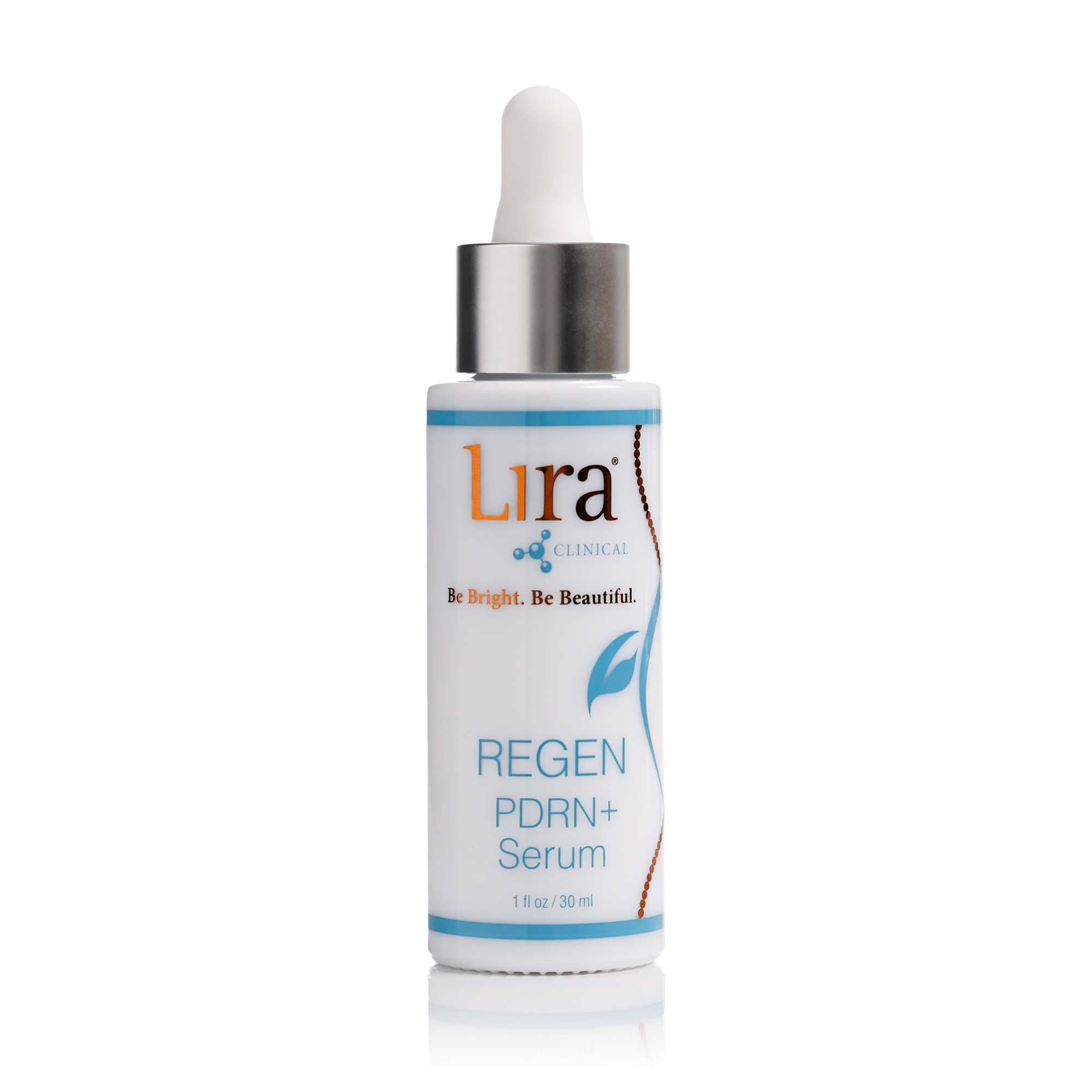 Lira Clinical REGEN PDRN+ Serum 1 fl oz white bottle with silver dropper on a white background.