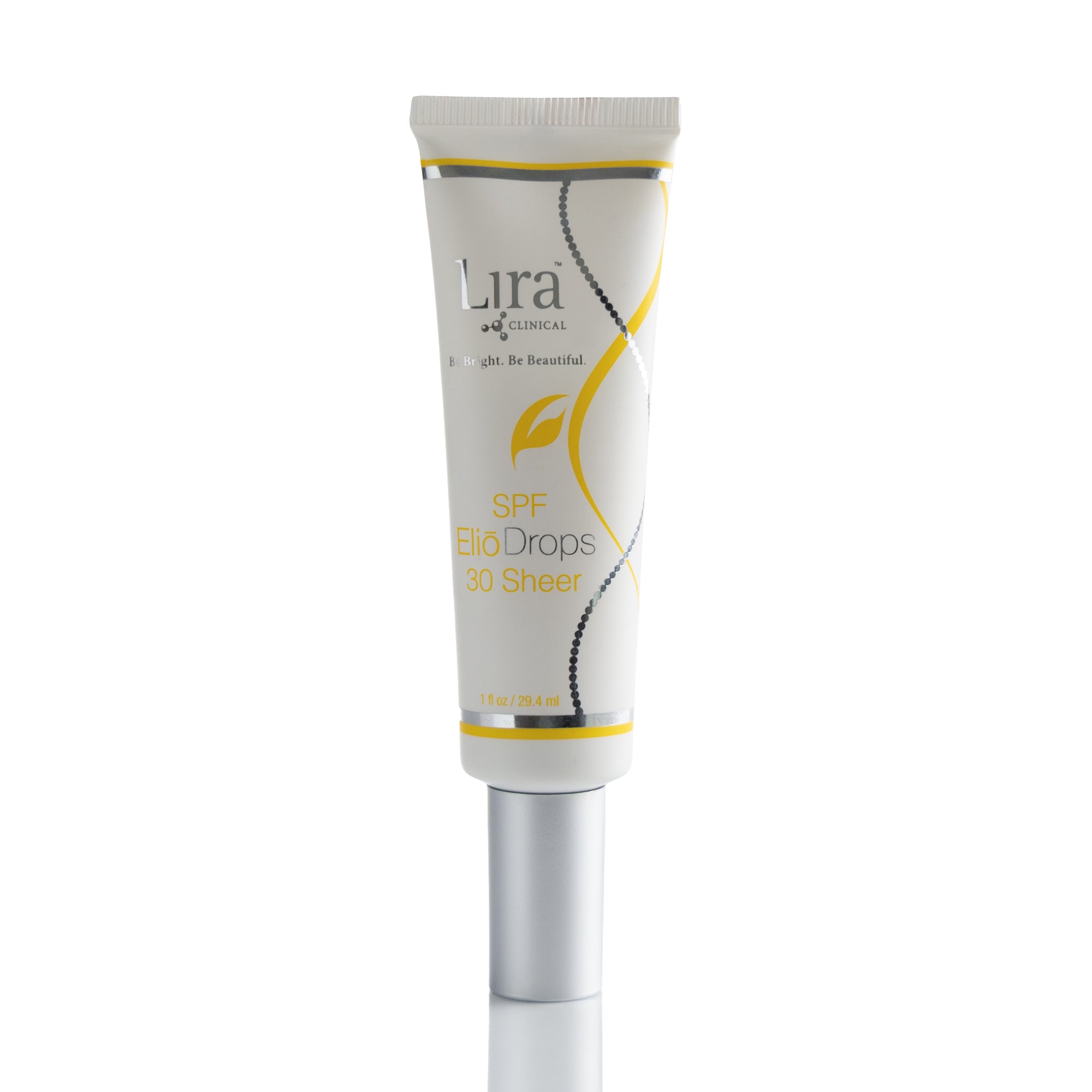 1 fl oz tube with matte silver lid yellow writing yellow and silver DNA SPF ElioDrops 30 sheer